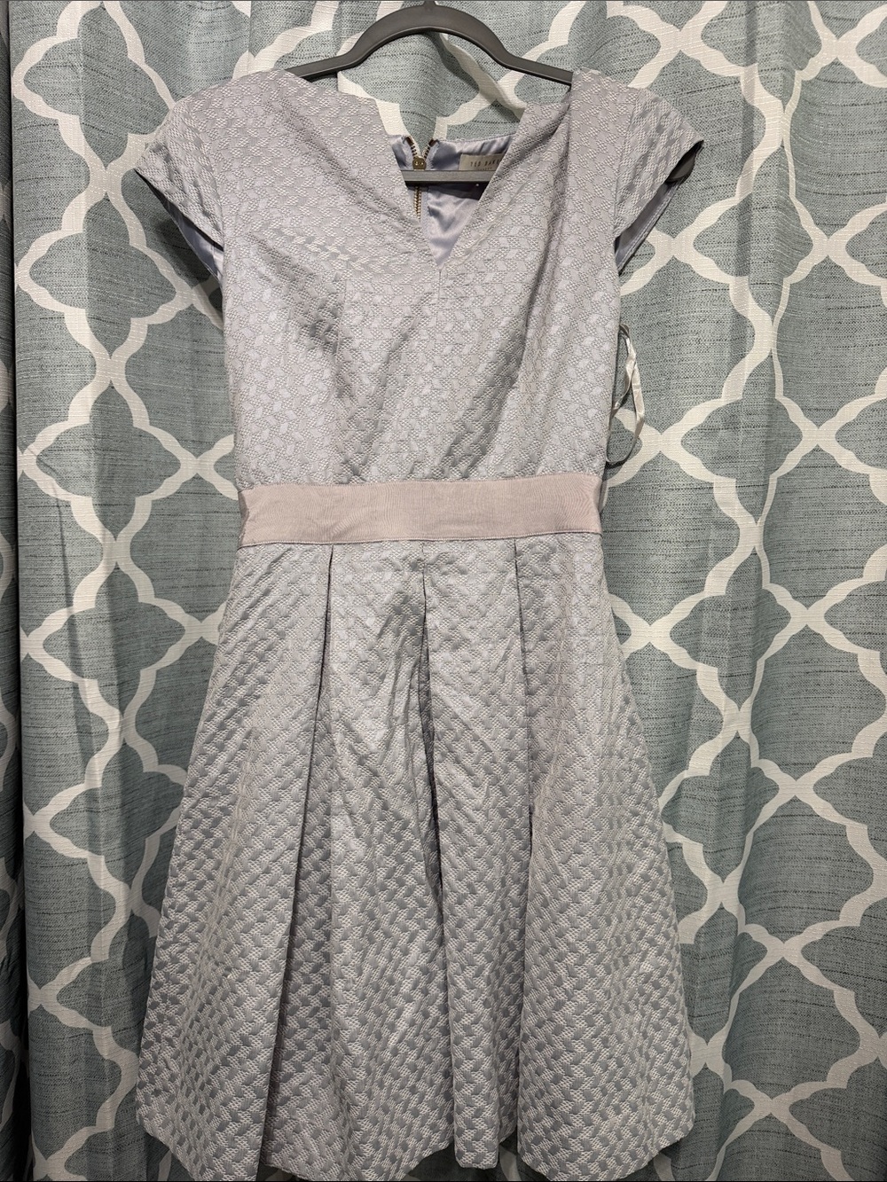 Ted Baker Light Gray Textured Fit & Flare Dress with Waistband